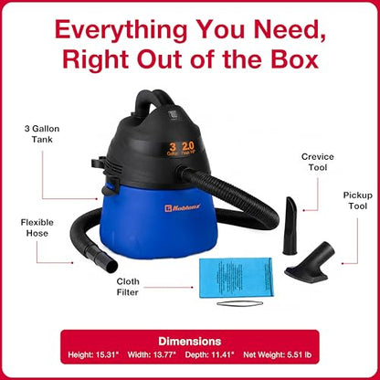 Koblenz WD-353L Wet Dry Vacuum Cleaner, Home Car Garage Workshop, 2.0 PHP - size: 3 Gallon 2.0 HP