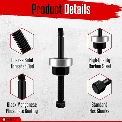 WETT Harmonic Balancer Installer Tool Set, 5-Piece Long Reach Crank Pulley Underdrive Damper Puller Installation Tool Kit, 4 threaded rods and 1 Bearing Press Hex Nut