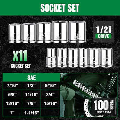 SK 1/2" Drive Socket Set, SAE Sockets, 11-Piece 7/16" to 1-1/16" | SuperKrome Finish, Premium CR-V Steel, with Aluminum Socket Organizer - size: Shallow, style: SAE