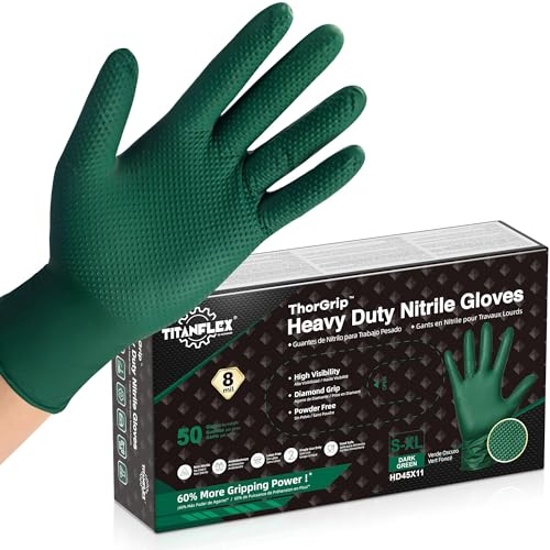 TitanFlex Heavy Duty Industrial Nitrile Gloves with Raised Diamond Texture, 8-mil, Latex Free (Green/Dark Green/Yellow) - color: 04 Dark Green (50ct), size: X-Large