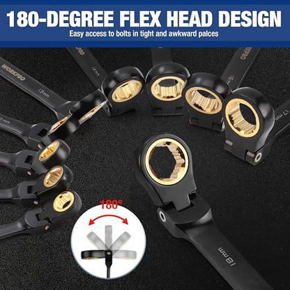 WORKPRO 22-piece Ratcheting Wrench Set with 180° Flex Head, Anti-Slip Tooth, Combination Wrench Sets with Organizer Box, Metric 6-18mm & SAE 1/4-3/4", Black Electrophoretic Coating - style: Flex-head