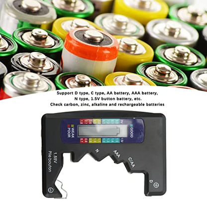 Digital Battery Capacity Tester Universal Battery Tester LCD Screen for D C N AAA 9V 1.5V Button Cell Batteries Carbon Zinc and Rechargeable Batteries (Black) - color: black
