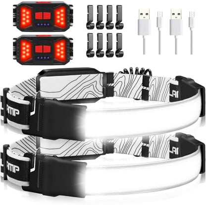 Hopedone 1000LM 230° Wide-Beam Headlamp, Rear Red Light, Black, 2 Pack | Independent controls, 6 modes, dog walking and work, 1200mAh battery, 4-10 hour runtime, lightweight band, 8 helmet clips - color: Black(2-Pack)