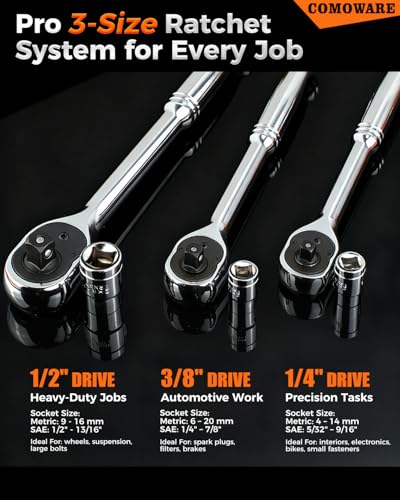 COMOWARE 320-Piece Master Mechanic Tool Set with Case, Father day Gift, 1/4" 3/8" 1/2" Drive SAE & Metric Socket Wrench Set, Includes 72T Ratchet Set, CR-V Steel, Hex Keys & Specialty Bits