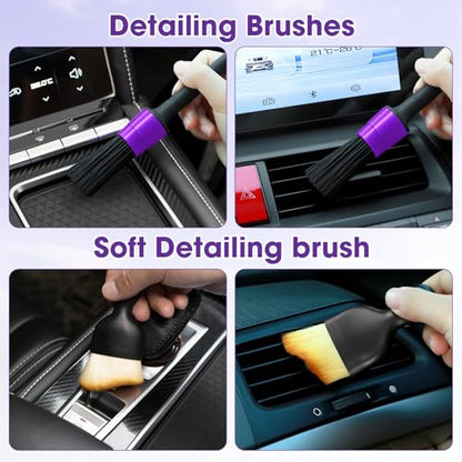 Purple Windshield Cleaner Tool, Car Interior Cleaning Kit with Extendable Handle and 3 Reusable Microfiber Pads, Auto Glass Wiper and Detailing Brush Kit for Car & Home Window - color: Purple