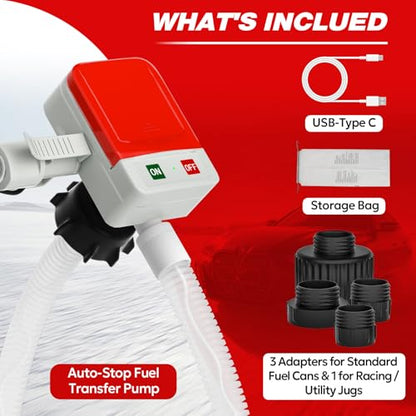 Keimi Portable Fuel Transfer Pump with Auto-Stop, 3.2 Gallon per Min, 51" Extra Long Hose, Battery & USB Powered, 4 Can Adapters, Leak-proof Gas Pump for Oil, Diesel and Gasoline - color: Grey Red