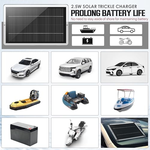 12V 2.5W Solar Car Battery Charger Maintainer, Solar Panel Trickle Charger | Waterproof Solar Panel Portable Solar Trickle Charger with Cigarette Lighter Plug Alligator Clip for Car Motorcycle Boat RV