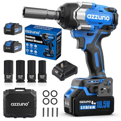 AZZUNO Electric Impact Wrench 737 Ft-lbs(1000N.m) 1/2'' Brushless Cordless Impact Driver with Fast Charger and 2x4.0Ah Battery Powered Impact Wrench Charger & 4 CR-V Sockets for Home Car Truck Tires - style: Max 737 Ft-lbs (1000N.m)