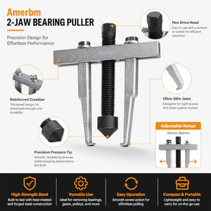 2 Jaw Bearing Puller 30mm-90mm Adjustable Gear Puller Tool - Heavy Duty Slim Leg Remover for Timing Chain, LS Crankshaft & Narrow Spaces - Compatible with 2000 GMC & Small Automotive Gears
