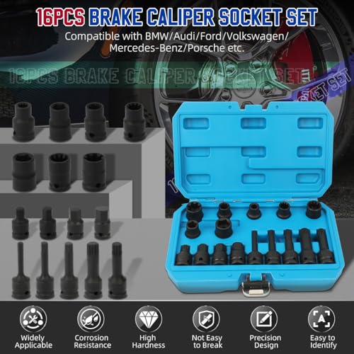 Brake Caliper Socket Set 16 Specifications Brake Caliper Removal Tool Kit High Torque 1/2" Square Drive Socket Wrench Brake Caliper Special Socket Set Compatible with BMW/Audi/Ford/Volkswagen