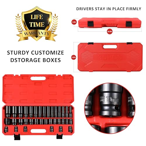 35PCS Impact Sockets Set 1/2" Deep 6 Point Socket Tool Drive Jumbo Impact Socket Kit for Metric Garage Workshop 8-32 MM (1/2" Impact Socket Set) - size: 1/2" Impact Socket Set