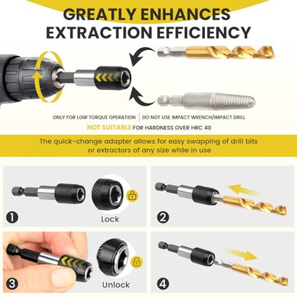 14-Pieces Screw Extractor and Left-Hand Drill Bit Set, Easy Out Broken Bolt Remover Reverse Cobalt HSS Steel Drill Kit, Ez Out Stripped, Rounded-Off, Damaged Bolts, Screws&Studs Removal Tool(Yellow)