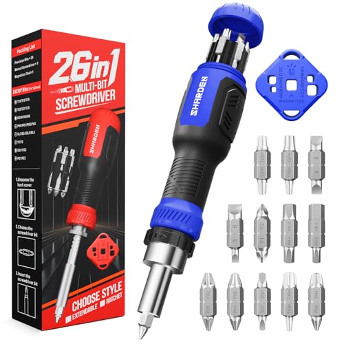SHARDEN 26-in-1 Ratcheting Screwdriver Set Multi Ratchet Screwdriver Multi Screwdriver Tool Kit with 12 Double Ended CRV Bits Phillips Slotted Torx Hex Portable Tool for Home Bike Computer Repair - color: Blue, size: Ratchet-NonExtendable