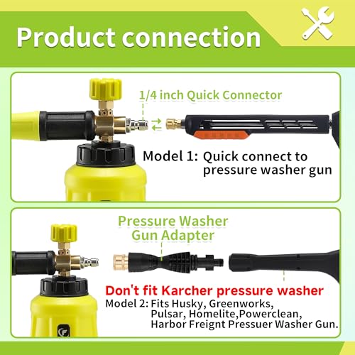 FIXFANS Foam Cannon, Compatible with Portland Husky Ryobi Pressure Washer | Wide Neck Pressure Washer Foam Lance, Power Washer Foam Blaster, 1/4 Inch Quick Connector, 5 Nozzles, 1L - size: 1L