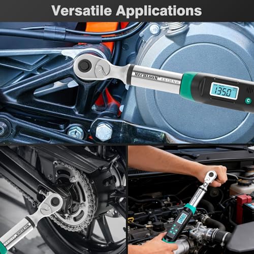Digital Torque Wrench 3/8 Drive, 5–99.6 Ft-lbs / 6.8–135 N·m, ±2% Accuracy, Dual-Direction Ratchet, Electric Torque Wrench with Buzzer & LED Indicator for Bike, Motorcycle, Auto Repair