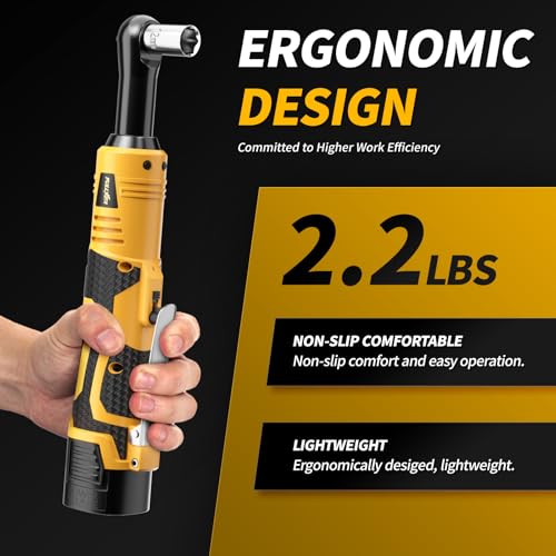 FULLYEA Cordless Electric Ratchet Wrench Set, 3/8" 18V Power Ratchet, 550 RPM, Cordless Ratchet Tool Kit with Variable Speed, LED Light, 2 * 2.0Ah Batteries and Fast Charger, Yellow