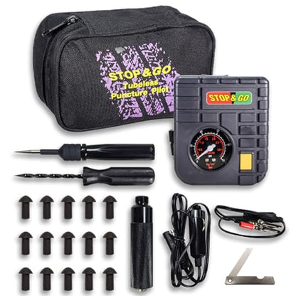 Stop & Go 6000 24 Piece Tubeless Puncture Pilot Tire Repair Kit & Air Compressor for Flats on Motorcycle, Scooter, ATV, UTV, Golf Cart, & Mower (15 Plugs) - size: 24 Piece Tubeless Puncture Pilot Tire Repair Kit