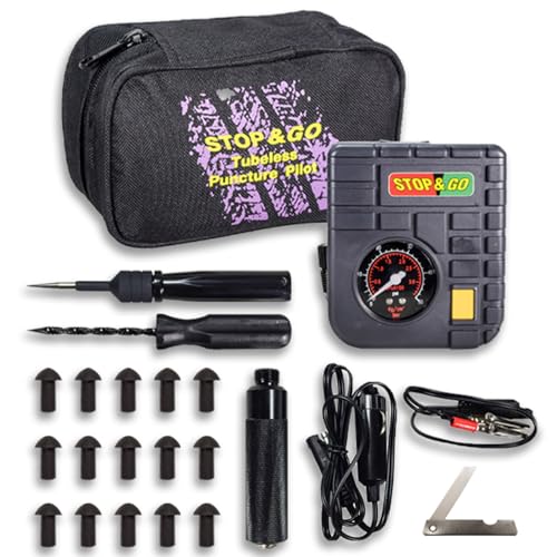Stop & Go 6000 24 Piece Tubeless Puncture Pilot Tire Repair Kit & Air Compressor for Flats on Motorcycle, Scooter, ATV, UTV, Golf Cart, & Mower (15 Plugs) - size: 24 Piece Tubeless Puncture Pilot Tire Repair Kit