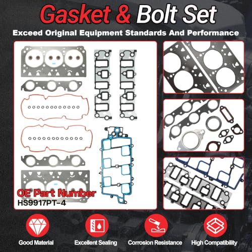 3.8 HS9917PT-4 L26 Full Gasket Set with Bolt For GM Buick 2006-2009 | Fit For GM 3800 Series III Buick Allure Lacrosse Lucerne Pontiac Grand Prix 3.8L V6 OE#HS9917PT-4 ES74033 - color: For GM 3.8L 2006-2009