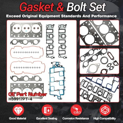 3.8 HS9917PT-4 L26 Full Gasket Set with Bolt For GM Buick 2006-2009 | Fit For GM 3800 Series III Buick Allure Lacrosse Lucerne Pontiac Grand Prix 3.8L V6 OE#HS9917PT-4 ES74033 - color: For GM 3.8L 2006-2009