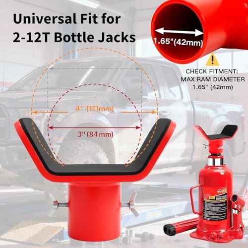 Adjustable Bottle Jack Adapter with Triple-Lock, Secure Wobble-Free Fit for 2T-12T Bottle Jacks, Heavy Duty 1/4" Steel Saddle for 3" & 4" Axle Tubes on RV, Truck, Trailer - color: Red