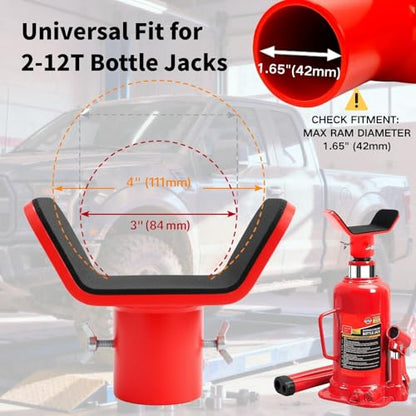 Adjustable Bottle Jack Adapter with Triple-Lock, Secure Wobble-Free Fit for 2T-12T Bottle Jacks, Heavy Duty 1/4" Steel Saddle for 3" & 4" Axle Tubes on RV, Truck, Trailer - color: Red