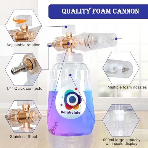 Foam Cannon for Pressure Washer with Dual Connector, Balabulala Car Foam Cannon with Dual Adapter, 1/4" Quick Connect,4200 PSI