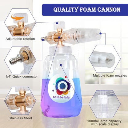 Foam Cannon for Pressure Washer with Dual Connector, Balabulala Car Foam Cannon with Dual Adapter, 1/4" Quick Connect,4200 PSI