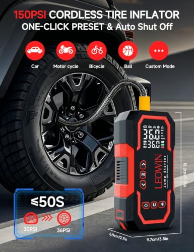 LEOWIN Jump Starter with Air Compressor Portable, Red | 4500A 12V Car Battery Jumper Starter (9.0 Gas/6.5L Diesel) with 150PSI Tire Inflator, with Smart Jumper Cables, LED Light - color: Red