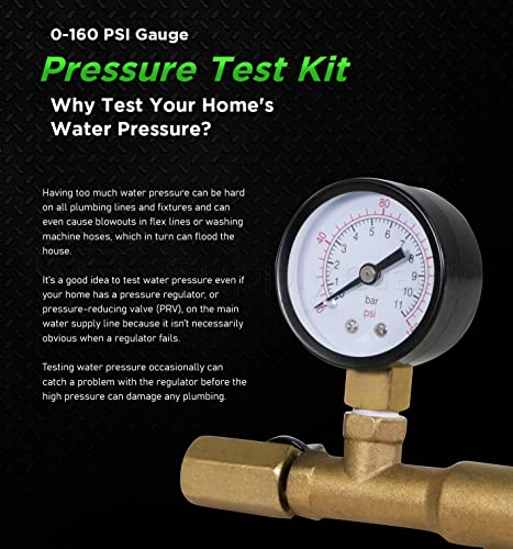 Supply Giant QUL 0-160 PSI Water Pressure Test Kit with Snifter Valve and Swivel Hose Connector, Brass