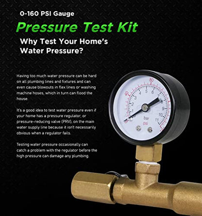 Supply Giant QUL 0-160 PSI Water Pressure Test Kit with Snifter Valve and Swivel Hose Connector, Brass
