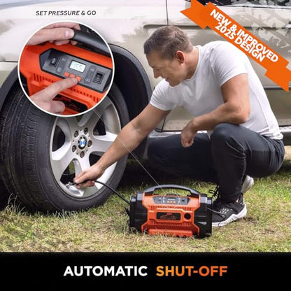RoofPax Tire Inflator Portable Air Compressor for Car Tires 3 Power Sources AC/DC & Battery Heavy Duty Inflator/Deflator Digital Car Air Pump with Pressure Gauge 12V 110 AC 160 PSI For Car RV & Truck