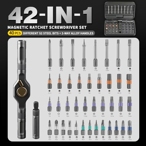 42 in 1 Magnetic Ratcheting Screwdriver Set, Multi-Bit Magnetic Screwdriver Kit with S2 Steel Bits & T-Handle Ratchet,Portable Repair Ratchet Screwdriver for Computer,Watch, Bicycles DIY,Gifts for Men - size: 42 In 1