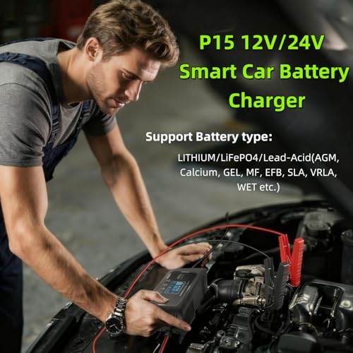 P15 12V/24V 15A Smart Car Battery Charger Maintainer, 9-Stage Charging with LCD Display, Auto Summer/Winter Mode Switching for Lead-Acid AGM Lithium LiFePO4 Batteries