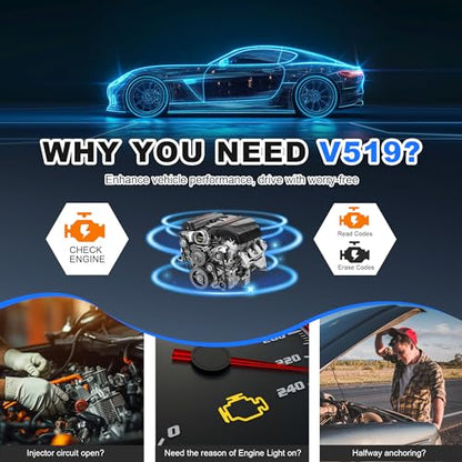 OBD2 Scanner Tool, Upgraded V519 Vehicle Code Reader for Check Engine Light Clear Fault Codes, Live Data Professional OBDII Scan Tool for 1996 OBD2 Protocol Vehicle, Blue