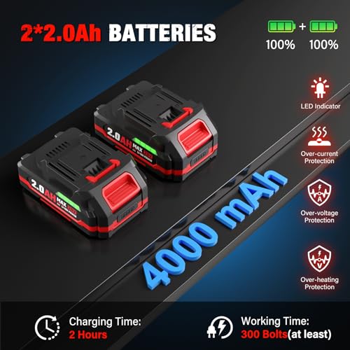 20V Cordless Ratchet Wrench 3/8" Set, 88 Ft-lbs(120N.m), 500 RPM, Electric Ratchet Wrench with 2PCS 2000mAh Batteries, Variable Speed, LED Light, 5 Sockets, 1/2" Adapter, 3" Extension Bar
