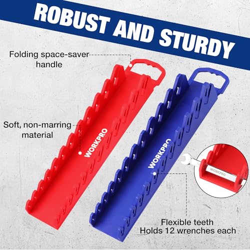 WORKPRO 2-Pack Magnetic Wrench Organizer, 12-Piece Gripper Wrench Holder | Suitable Stubby or Line Wrenches, Fits SAE (1/4" to 15/16") and Metric (6mm to 24mm), Flexible Teeth - style: Stubby Wrench Organizer(2PC)
