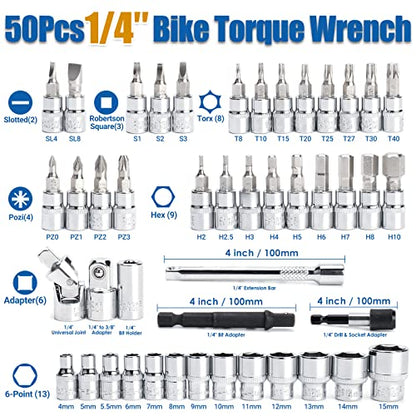 YIYEIE 50Pcs Master Bike Torque Wrench Set, 1/4 Inch Drive, 10-230 IN.LB (1-26.0 Nm), Inch Pound Click Torque Wrench with Bit Sockets, 0.1 Nm Micro, 3/8 Adapter, Pro Bicycle Tool Kit for MTB - size: 1/4″ 50PCS