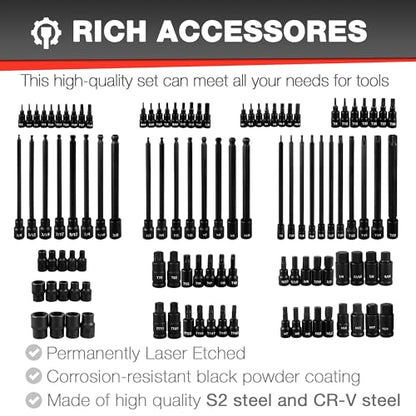 EACELIY 107PCS Bit Socket Set,1/4”,3/8 & 1/2” Drive Bit Socket Set,Torx/Extra Long/Tamper Proof/Hex/Ball End Hex,S2 Alloy Steel & CR-V,SAE&Metric - size: 107PCS
