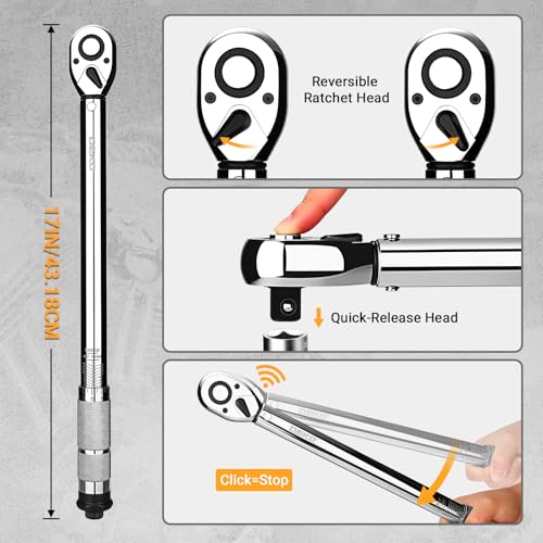 DEKOPRO Torque Wrench 1/2 Inch Drive Click, 10-170 Ft-Lb/13.5-229 Nm Car Torque Wrench, ±3% High Precision, 72 Tooth Torque Wrenches with Dual-Direction Adjustable for Bicycle, Car, Moto - size: 1/2 Inch (10-170 ft.-lb.)