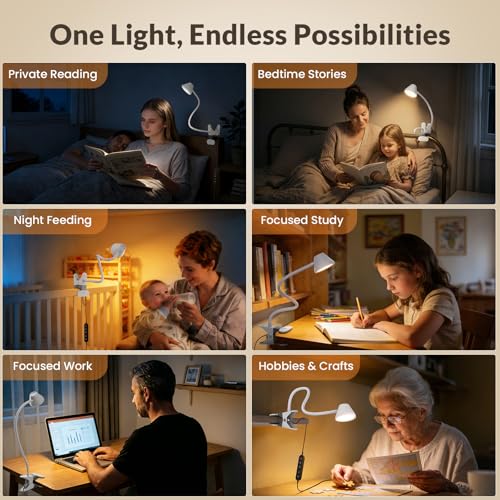 LEPOWER Clip on Light, Reading Lights for Books in Bed, 400LM, RG0 Eye-Care | 5 Colors & Stepless Dimming, Amber Glow Light & Auto Timer, Up to 2.3" Strong Clamp with Adapter for Headboard, Bedside, Desk - color: White