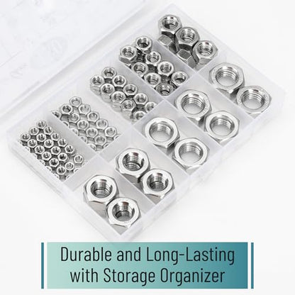 Bates- Metric Hex Nuts Assortment Kit, 7 Sizes, 130 pcs, Stainless Steel, M3 M4 M5 M6 M8 M10 M12, Hardware Nuts