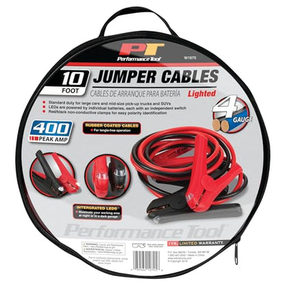 Performance Tool W1675 10ft 4GA Lighted Jumper Cables - Tangle-Free, Heavy Duty Clamps, Suitable for Trucks, SUVs, and Other Large Vehicles - style: 4GA x 10' (220 AMP) W/LEDs