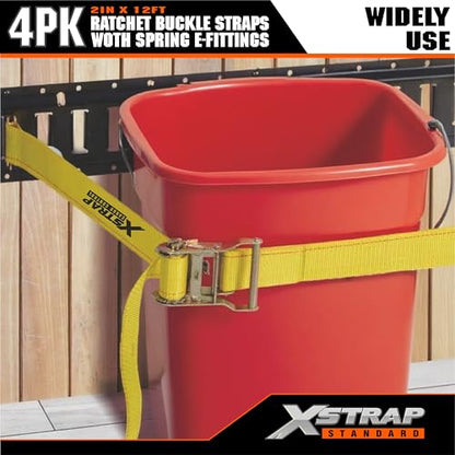 XSTRAP STANDARD 4-PK 2" x 12' E-Track Heavy Duty Ratchet Tie Down Straps | 4,400lbs Break Strength Cargo Securement Straps for Trailers, Trucks, Vans & Motorcycles with Spring Fittings (Yellow) - size: Yellow-4PK-12FT