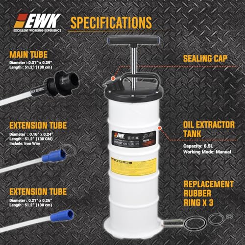 EWK 6.5L Manual Oil Extractor Pump for Oil Change, Fluid Evacuators for Cars, Boats, Jet Skies, Lawnmowers, Quick Oil Drain in 10 Pumps (6.5L + 7/8" O2 Sensor Socket) - size: 6.5L + 7/8" O2 Sensor Socket