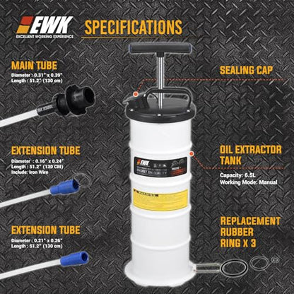 EWK 6.5L Manual Oil Extractor Pump for Oil Change, Fluid Evacuators for Cars, Boats, Jet Skies, Lawnmowers, Quick Oil Drain in 10 Pumps (6.5L + 7/8" O2 Sensor Socket) - size: 6.5L + 7/8" O2 Sensor Socket