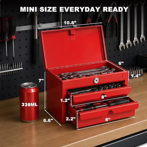 JACK BOSS Mini Tool Box with Two Drawers,Small Metal Tool Box with Lockable Top Storage,Multi-Purpose Portable Tool Boxes Case Organizer,Small Tool Chest with PVC Mats,L10.8"×W6.6"×H7",Red - color: Red