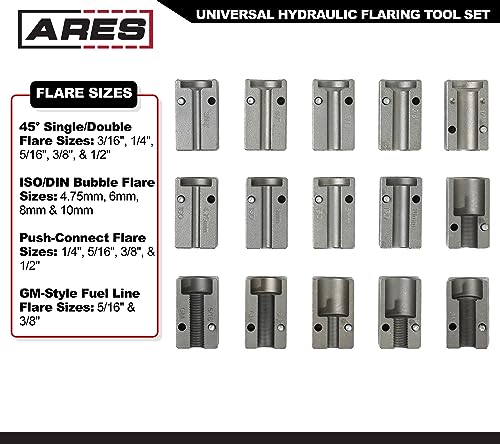 ARES 18010 - Universal Hydraulic Flaring Tool Set - Create 45 Degree Single or Double Flares, ISO and DIN Bubble Flares, Push Connect Flares and GM Fuel Line Flares - size: Universal Hydraulic Flaring Tool