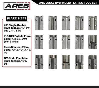 ARES 18010 - Universal Hydraulic Flaring Tool Set - Create 45 Degree Single or Double Flares, ISO and DIN Bubble Flares, Push Connect Flares and GM Fuel Line Flares - size: Universal Hydraulic Flaring Tool