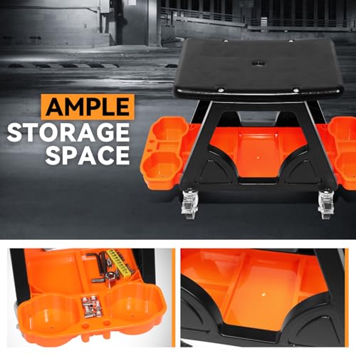 Auto Dynasty Steel Mechanic Tool Rolling Seat with Tool Tray Max 200 Lbs for Household Home Garage Warehouse Office, Orange